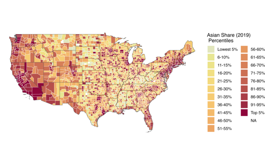 U.S. map showing county-level shares of Asian residents in 2019. Notable concentrations on the West Coast and in major metropolitan areas nationwide.