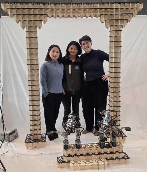 Three people stand under an arch made with voxels.