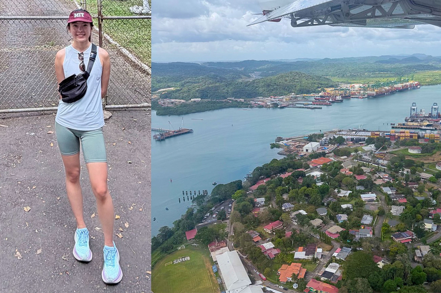 At left, photo of Cherry Tang standing outdoors in summer. At right, aerial photo of the Panama Canal