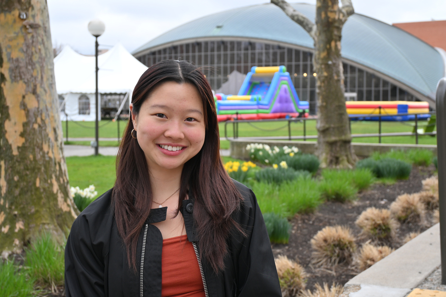 Photo of Karie Shen in front of MIT's Kresge Building