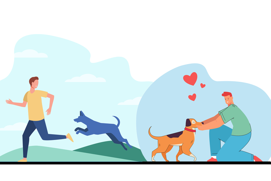 Cartoon shows a man running from a dog on the left, and a different man kneeling down to pet a different dog on the right.
