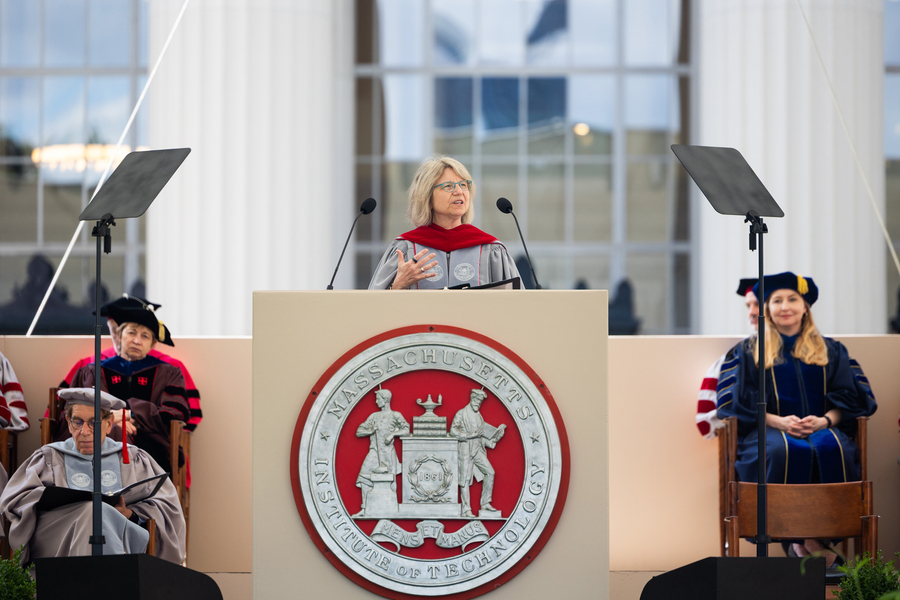 Sally Kornbluth speaks at the podium