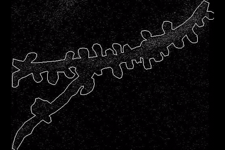 Over a black background, a forked branch of a neural dendrite runs from left to right. The dendrite is outlined in white and the outline fills in with a bright flash of thousands of white dots.