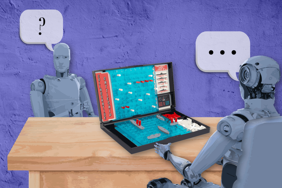 Illustrationi of two humanoid robots playing a game of "Collaborative Battleship” on a table