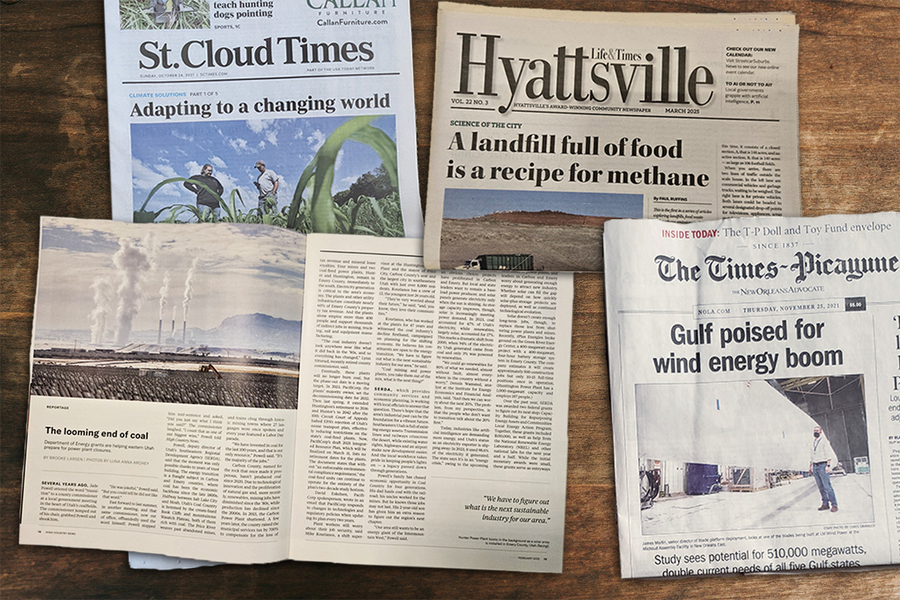 Collage of print newspapers with environmental and climate headlines