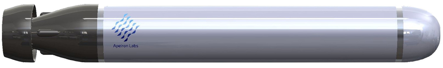 A rendering of the shiny sensor is like a long cylindrical submarine with propeller at end.