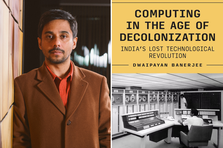 Portrait of Dwai Banerjee, left, and the cover to “Computing in the Age of Decolonization” shows a historical photo of a large 1950s computer room.