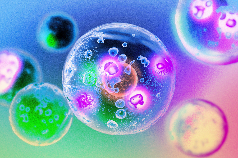 Stylized cell with nucleus and glowing droplets inside