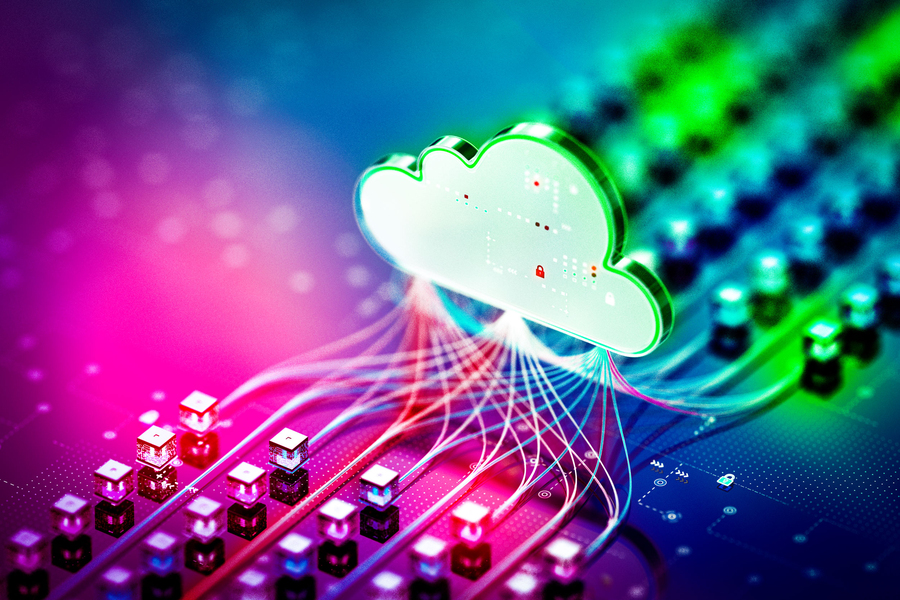 On a chip, a cloud bridges a red-tinted collection of cubes to a green-tinted section.