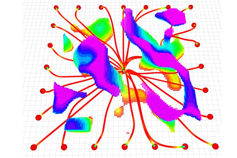 Aerial view shows 24 flight pathways from center of room to edges, represented in colored lines, mainly red. Colorful blobs represent obstacles.