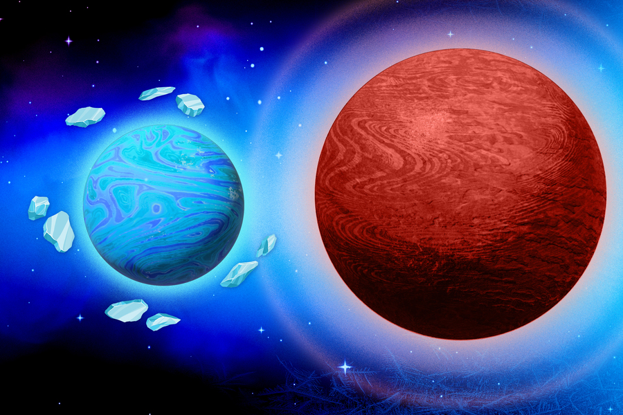 Two planets in space, a smaller blue planet and a large red planet. On left a blue icy planet has ice shards floating around it. 