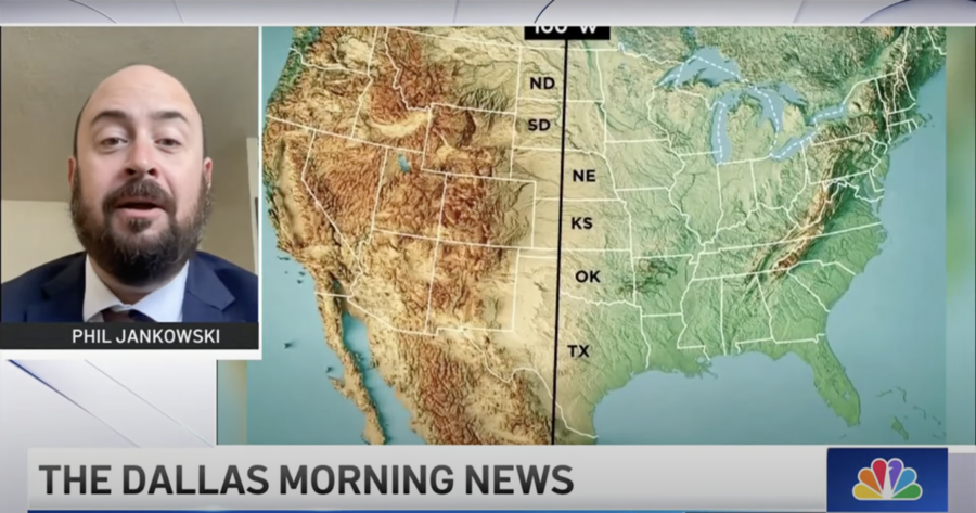 Screenshot from a TV broadcast shows Philip Jankowski talking over a United States map.