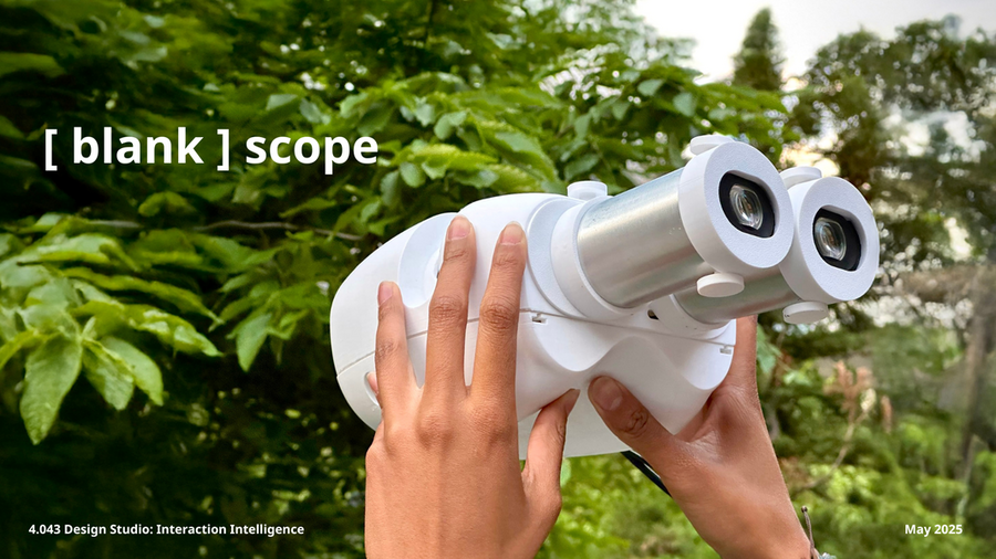 two hands hold up a binocular-type device against a verdant background