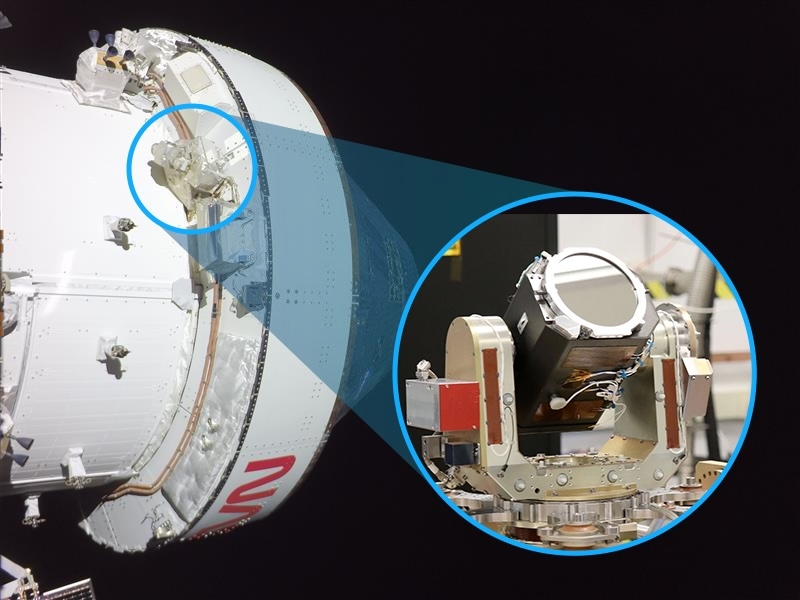 Photo of an Orion spacecraft with a detail inset zooming in on an onboard laser communications system