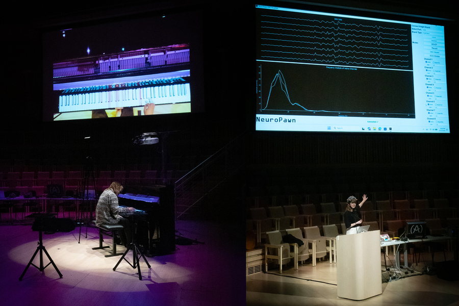 Split image: Left shows a a man playing a grand piano on stage; right shows a woman at a lectern speaking to the audience.