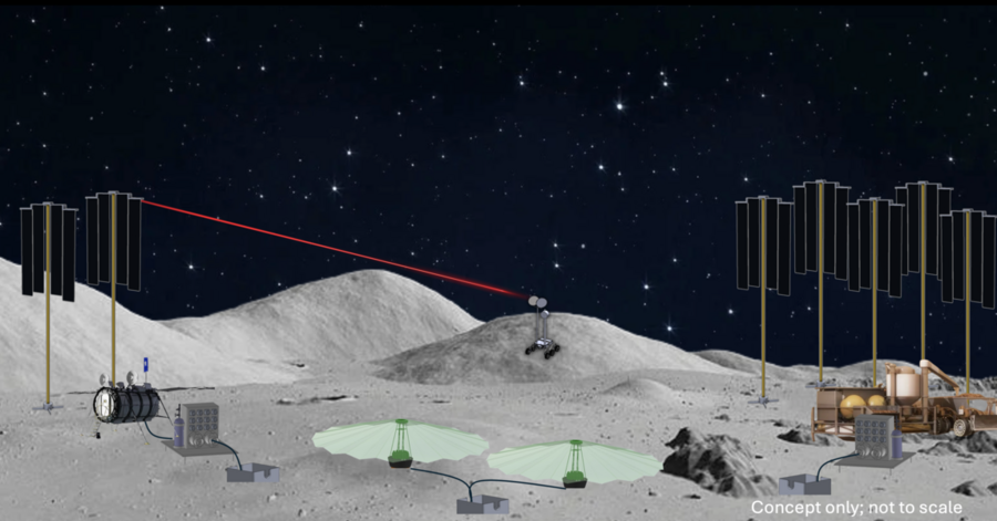 Concept illustration of a lunar base with solar panels, a robotic rover, and various equipment under a starry sky.