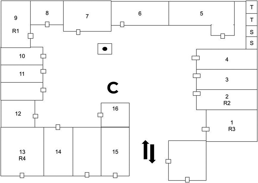 A layout of a compound shows about 20 rooms with a courtyard.