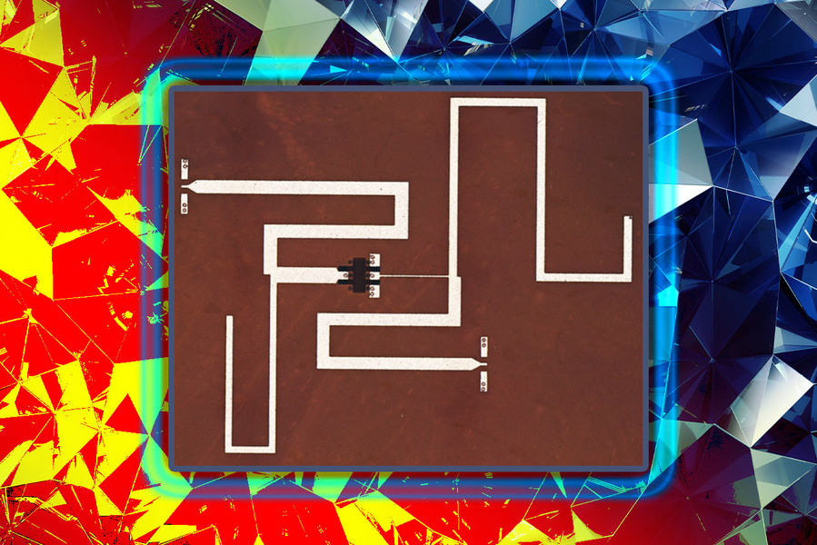 Diagram of diamond layer shows maze-like lines with a transistor near the center.