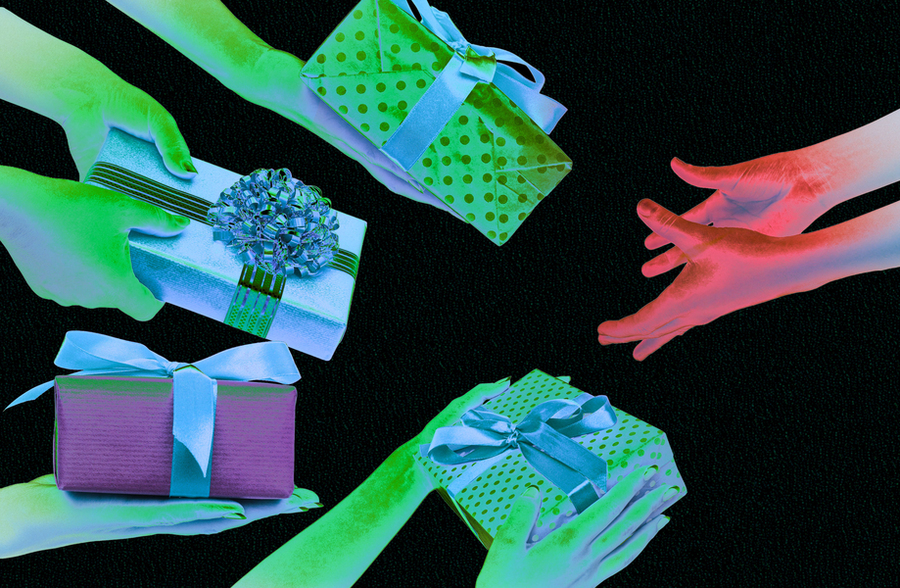 Hands give presents to an expectant empty hand.