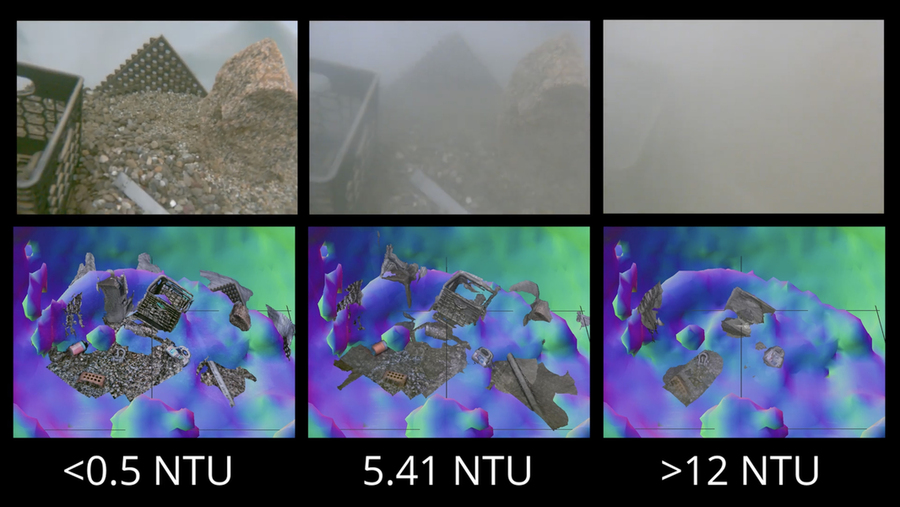 Three pairs of images showing sea sediment and their visualizations at three levels: less than 0.5 NTU, 5.41 NTU, and more than 12 NTU.