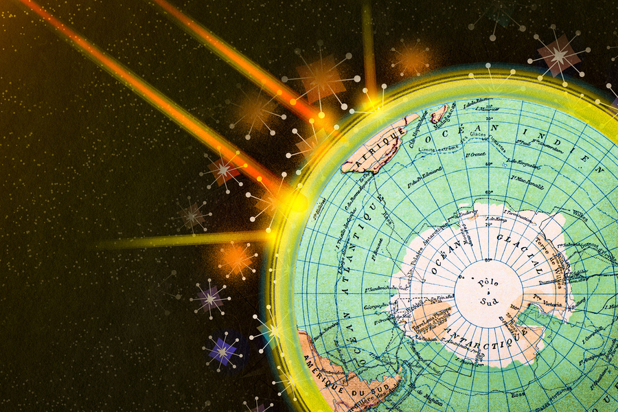 Vintage-inspired collage shows Earth’s ozone layer, in yellow, hit by sun rays. Mod-style stars represent ozone and some are being destroyed by the sun rays.