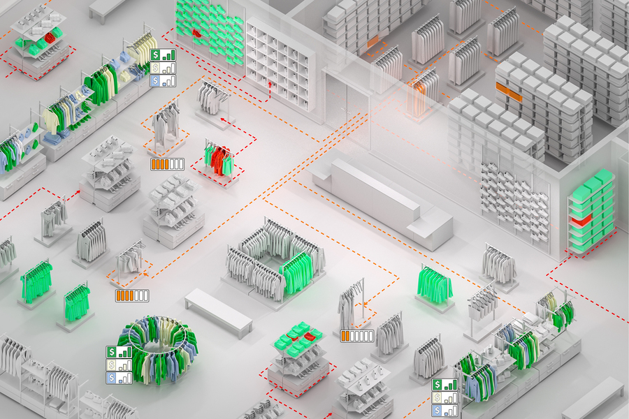 An illustration of a shop floor showing misplaced items and stock that needs to be replenished.