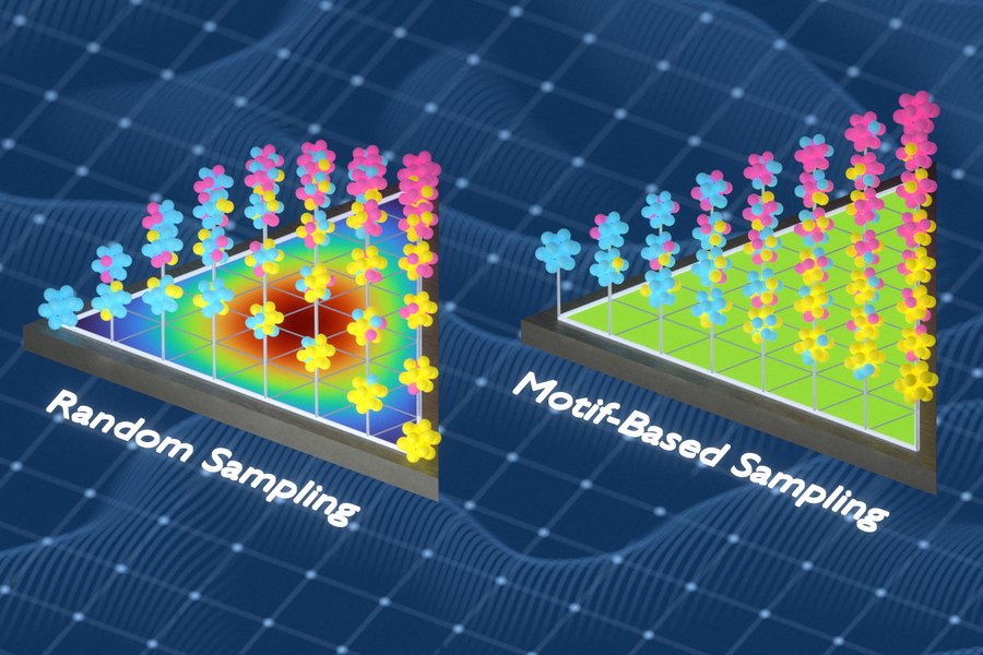 Two sets of molecules are arranged on triangles. One labeled “random sampling” is more rainbow and disorganized while the other “motif-based sampling” is more green and organized.