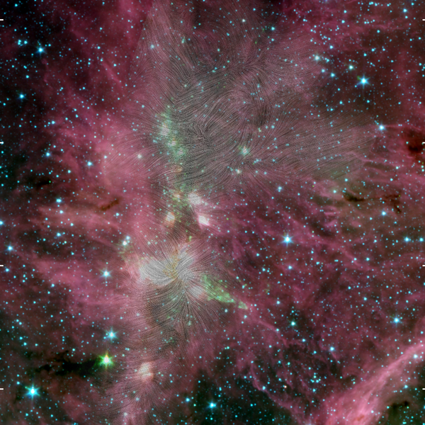 Deep-space image shows stars and galaxies, along with reddish-purple gas clouds and bright green spots. Many faint black lines are superimposed throughout.