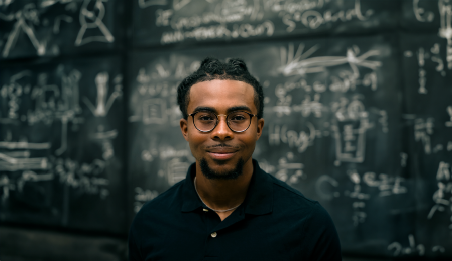 Nathaniel Morgan stands in front of a blurred blackboard, showing illegible traces of chalked diagrams and notes.