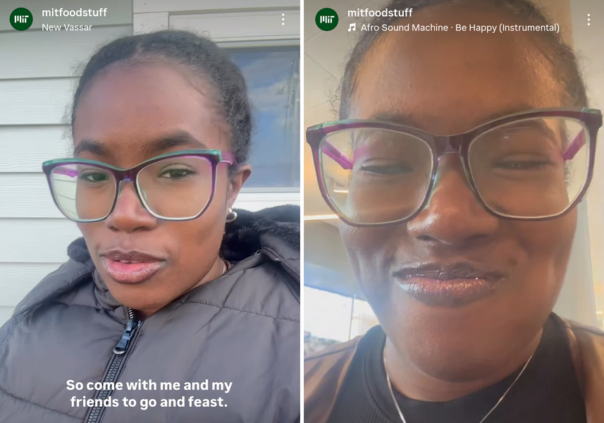 Two screenshots of Michaela Brown's selfie videos on the MIT Food Stuff Instagram account