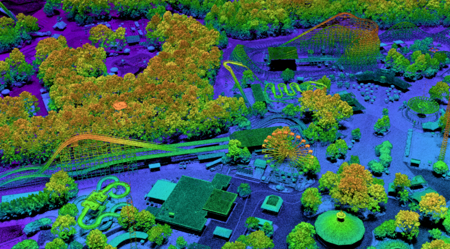 A lidar-generated 3D map shaded in neon colors shows structures at Kings Dominion amusement park in Virginia. 