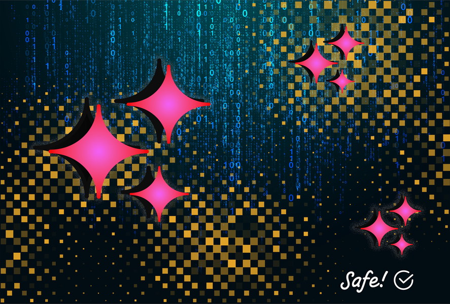 Sparkles, checkered patterns, and numbers in the background and the text "Safe" with a checkmark at the bottom right corner
