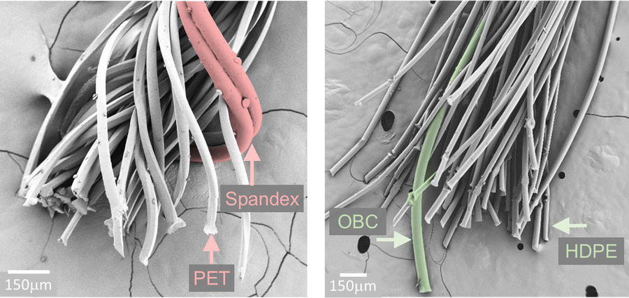 Two images compare the yarn fibers. On left, Spandex is highlighted in red. On right, OBC is highlighted in green.