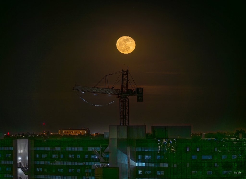 A nighttime shot of a bright yellow moon over a hazy cityscape. In the foreground, the dark outline of a construction crane is barely outlined in moonlight.