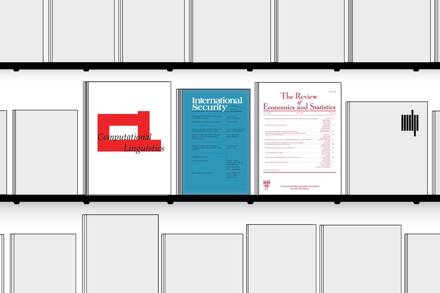 Illustration showing the covers of Computational Linguistics, International Security, and The Review of Economics and Statistics