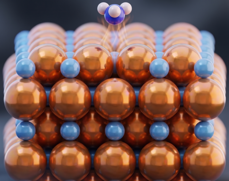 Scientific visualization showing a tightly packed arrangement of copper spheres and smaller blue spheres. In the top center, a blue sphere has detached and absorbed three smaller white spheres, forming ammonia