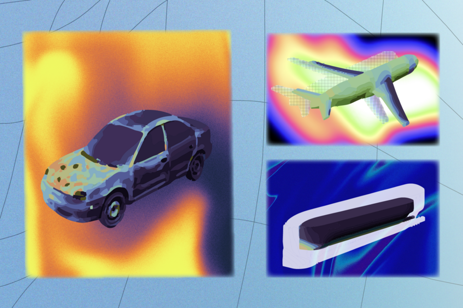 Panel showing 3D models of a car, plane, and boat over different heat maps