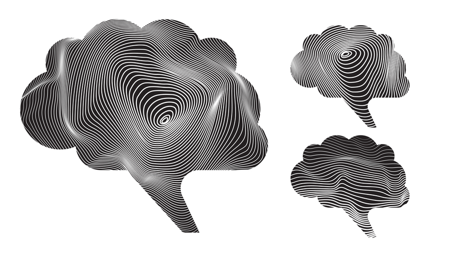Three black cloud-like cartoon brains are filled with white concentric loops representing brain waves