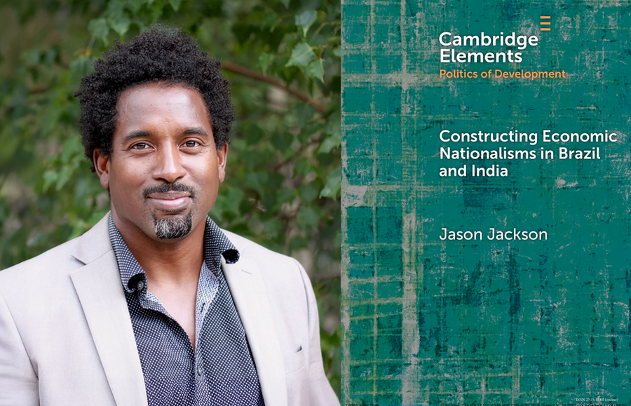 At left, Jason Jackson headshot; at right, the cover of his book, "Constructing Economic Nationalisms in Brazil and India"