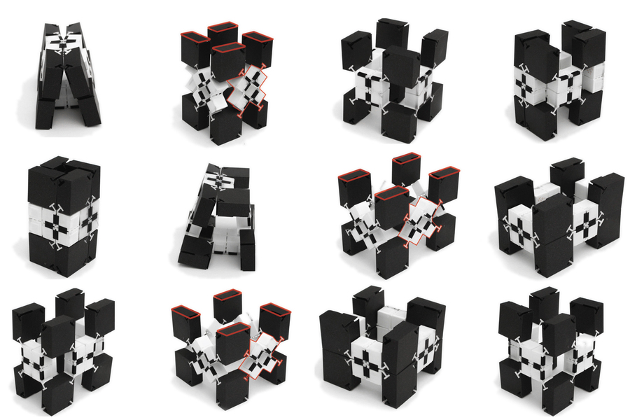 12 examples of configurations made of black and white connector blocks.