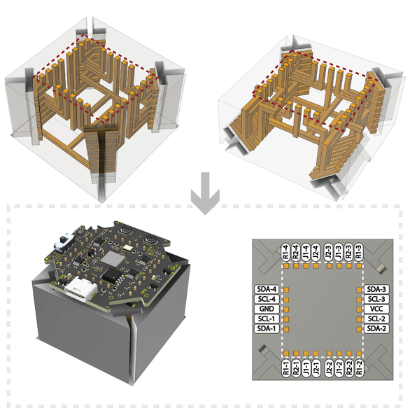Renderings show the inside of connector blocks, with Y and L-shaped routes for the parts to slide through. Top is a circuit board.