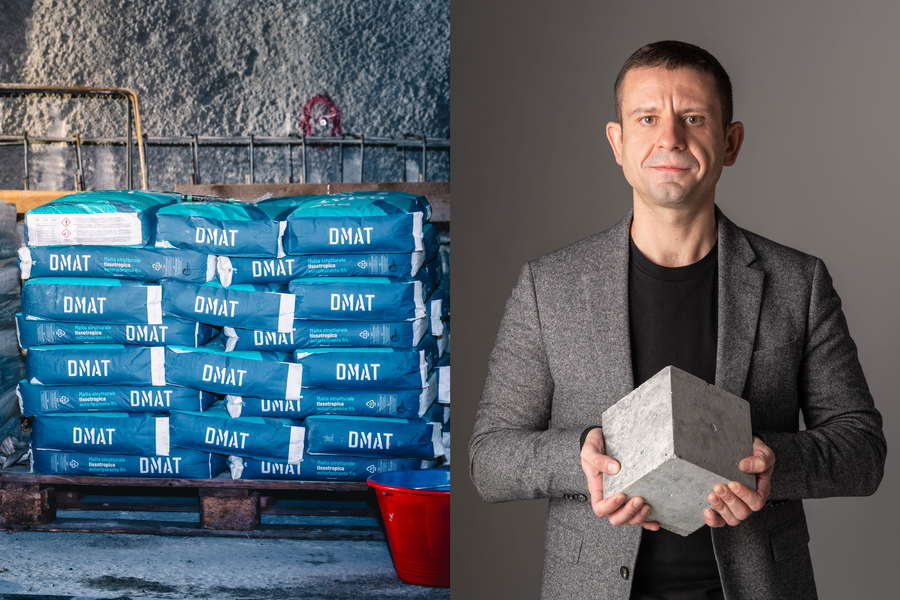 On left, concrete bags with the DMAT logo. On right, a portrait of Paolo Sabatini holding a concrete block.