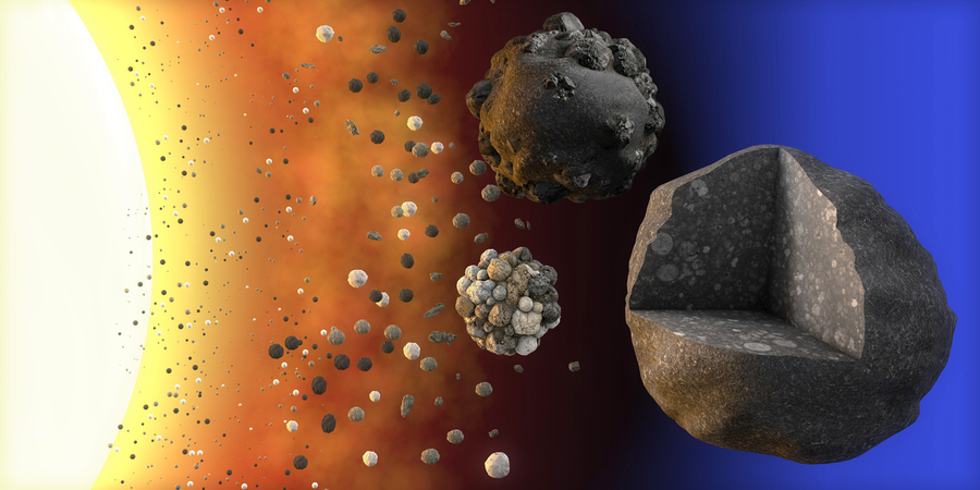 A glowing star is on the left, with various sizes of rocks emanating away from it, including a big chunk on the right.