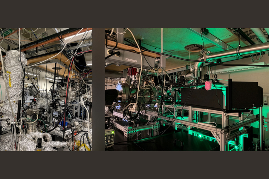 Two photos of the lab setup with many wires and machines covered in foil