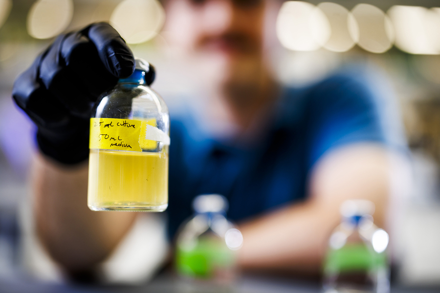 Gage Coon holds a bottle of yellow liquid with the label, “50ml Medium.”