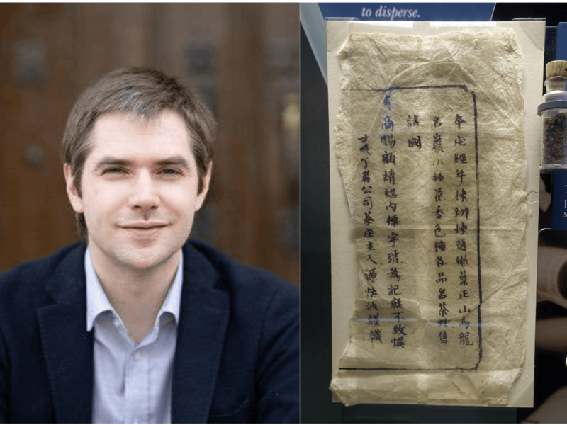 At left, Tristan Brown headshot. At right, a 19th century Chinese tea chest label.