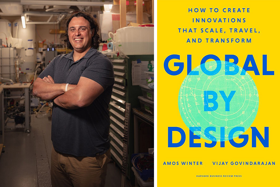 At left Amos Winter poses in a lab; at right, the cover of his book, "Global By Design"