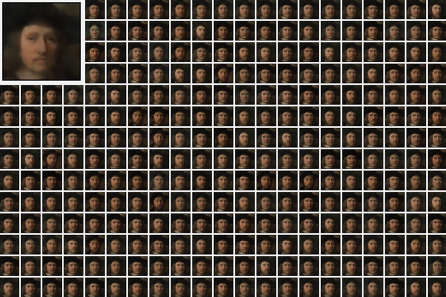 At top left, a painted portrait of a man's face. More than 200 extremely similar images are shown in a grid next to the larger one.
