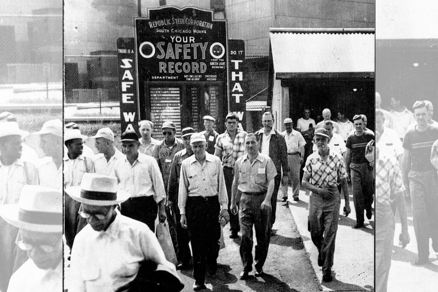 Workers exiting a steel plant