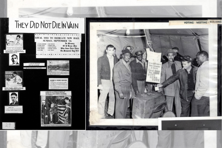 A poster about the “Memorial Day Disaster” of 1937, and union workers taking a vote